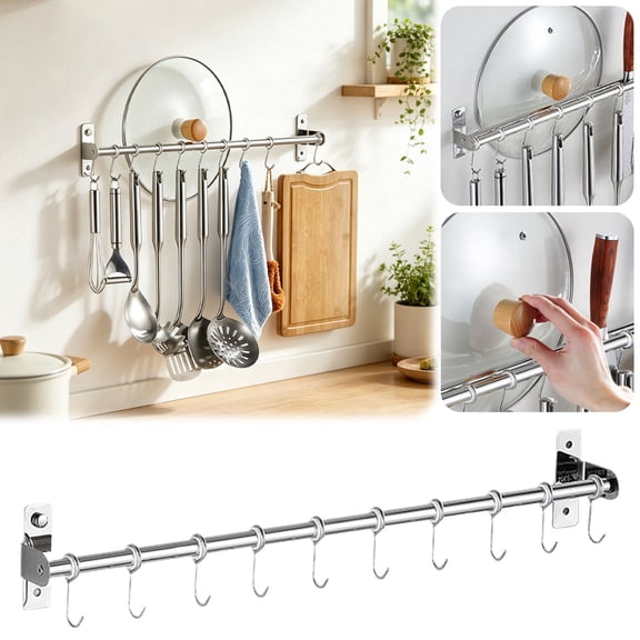 PPKVUFD Kitchen Sliding Hooks, Stainless Steel Hanging Rack Rail Organize Kitchen Utensil Removable S Hook for Towel, Spoon, Coats, Bathrobe, BBQ,Wall Mounted Hanger (10 Hooks 11.8In)