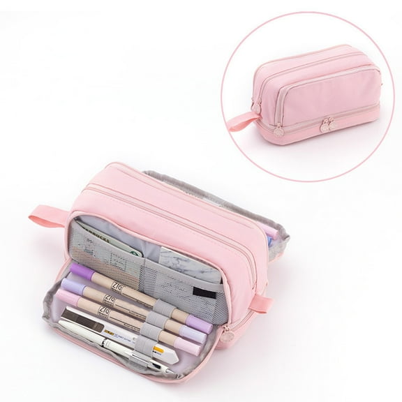 PPKVUFD Large Capacity Pencil Case 3 Compartment Pouch Pen Bag, Big Capacity Pencil Pouch Pen Bag, Portable Canvas Stationery Organizer with Zipper, Pink