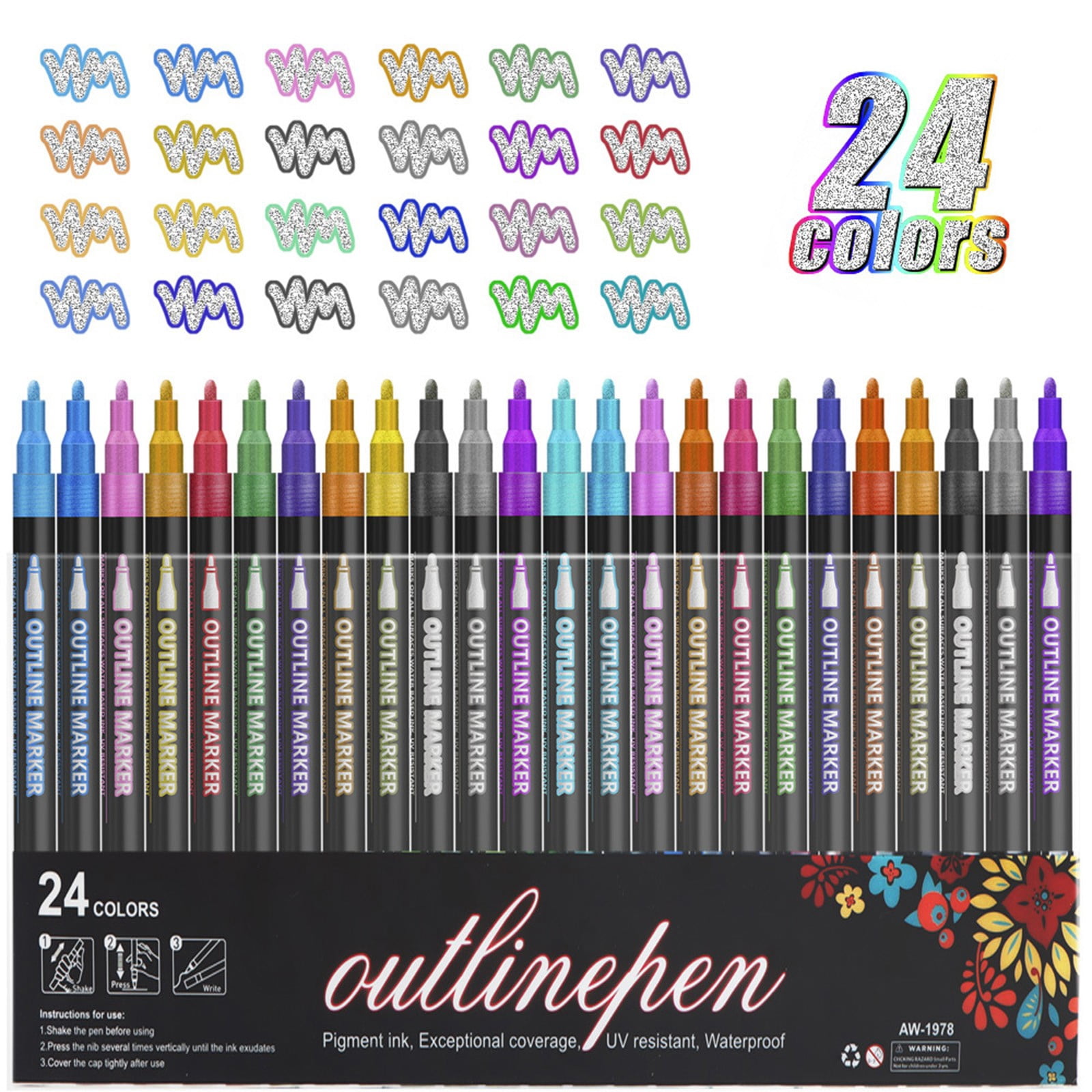 PPKVUFD Outline Marker Self-outline Metallic Markers, 24 Colors Squiggles Shimmer Outline Markers Pen Set for Drawing Art Supplies, Glitter Pen Set for Cards Lettering