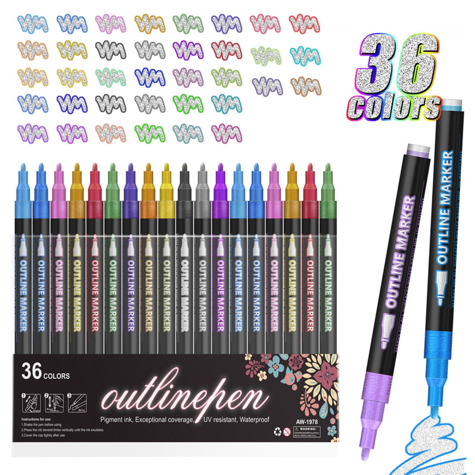 PPKVUFD Outline Marker Self-outline Metallic Markers, 36 Colors Squiggles Shimmer Outline Markers Pen Set for Drawing Art Supplies, Glitter Pen Set for Cards Lettering