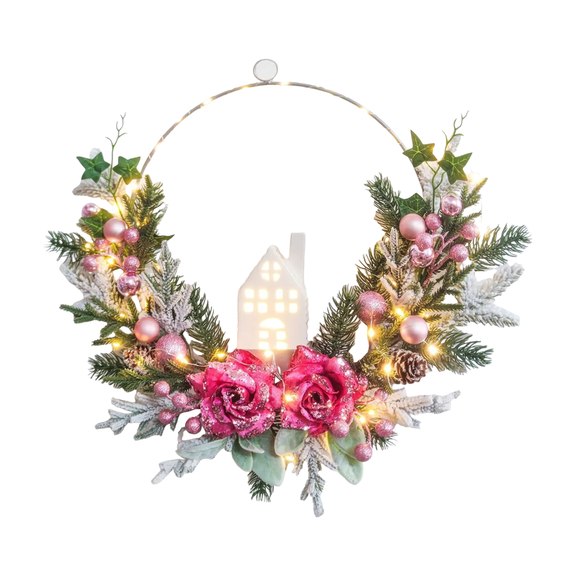 PPKVUFD Pre-lit Christmas Wreath for Front Door, 18Inch Artificial Christmas Door Wreath with Lights Pink Rose Farmhouse Xmas Winter Wreath for Christmas Decoration Wall Fireplace Mantle