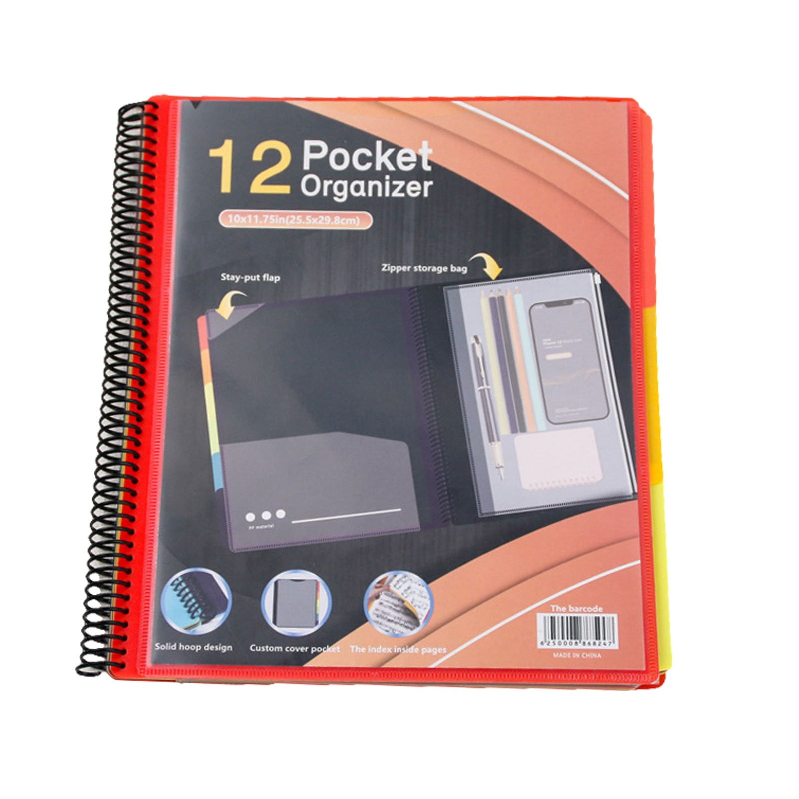 PPKVUFD Spiral Folder Organizer, Project Organizer, 12 Pockets, with Assorted Bright Tabs, Tear Resistant Poly, 1/6-Cut Tabs, Letter Size, Document Organizer