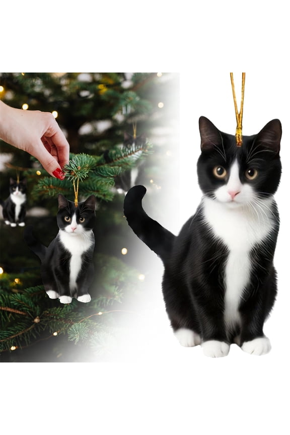 Tuxedo Cat Christmas Ornament - Realistic 2D Cats Ornaments for Christmas Tree Decor - Acrylic Lifelike Kitten Ornament Gifts for Cat Lovers Women & Men Pet Memorial Keepsake
