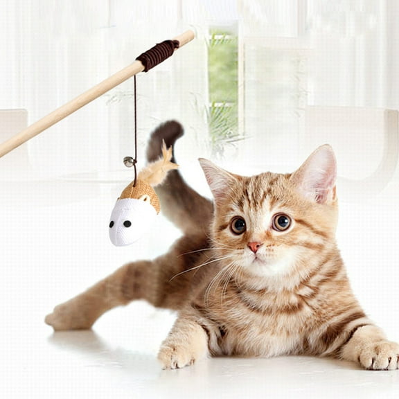 PPLoney Interactive Cat Toy with Feather & Bell - Teaser Wand with Wooden Handle & Elastic Rope - Fun Exercise Toy for Kittens & Adult Cats (Hemp Mouse)