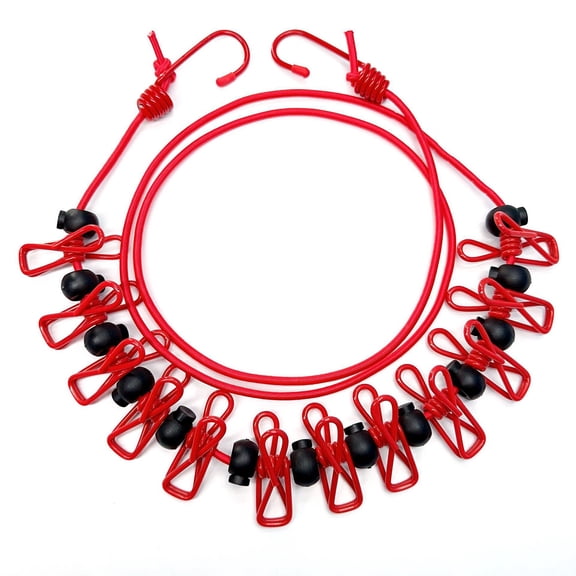 PPLoney Retractable Windproof Clothesline with Clips and 12 Clothespins - Portable and Sturdy for Outdoor and Indoor Use - Easy Installation with Stainless Steel Hooks (Red)