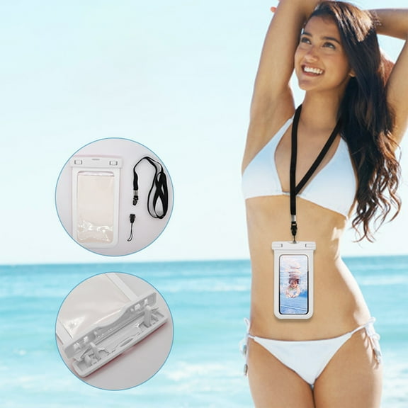 PPLoney Waterproof Phone Pouch for Swimming and Outdoor Activities - Touchscreen Friendly Diving Bag for Smartphones Up to 6.7" - Portable Lanyard Included (White)