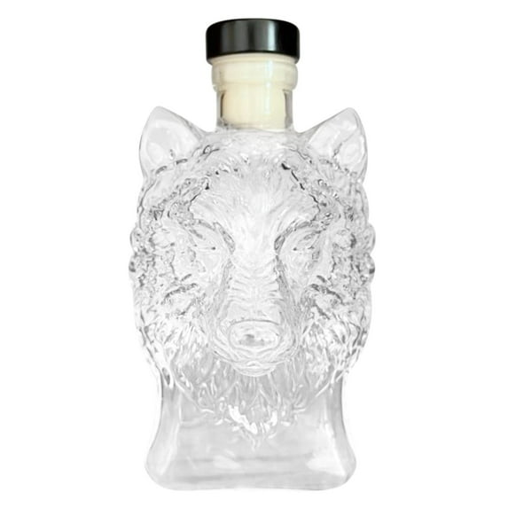 PPLoney Wolf Head Whiskey Decanter 330ml (11 oz) – High Borosilicate Glass Bottle with Metal Wolf-Head Lid, for Whiskey, Bar Display & Gift