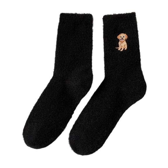 PPLoney Women’s Winter Fleece-lined Thick Warm Mid-calf Socks for Cozy Nights – Cute Embroidered Puppy Design for Snug Comfort