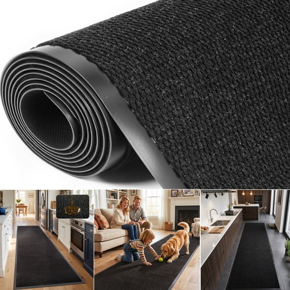 PPOSFPH 3 x 10 ft Commercial Rug, Non-Slip Entrance Mat with Rubber Backing, Indoor Outdoor Runner Rug for Home Office High Traffic Area, Black