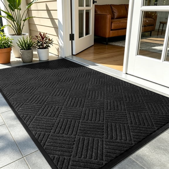 PPOSFPH 3' x 5' Front Door Mat Entrance Mat, Non Slip Indoor Outdoor Doormat, Industrial Entry Rug for High Traffic Area, Black