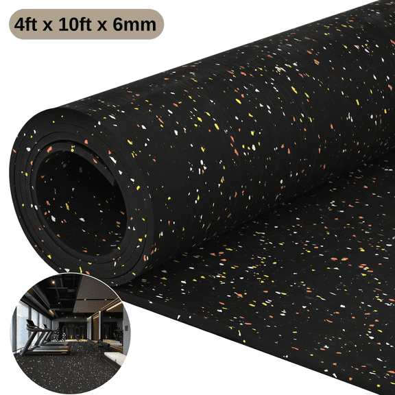 PPOSFPH Rubber Gym Flooring Roll, 6mm Thick Heavy Duty Gym Floor Equipment Mats, Non-Slip & Shock Absorption, 4' x 10'