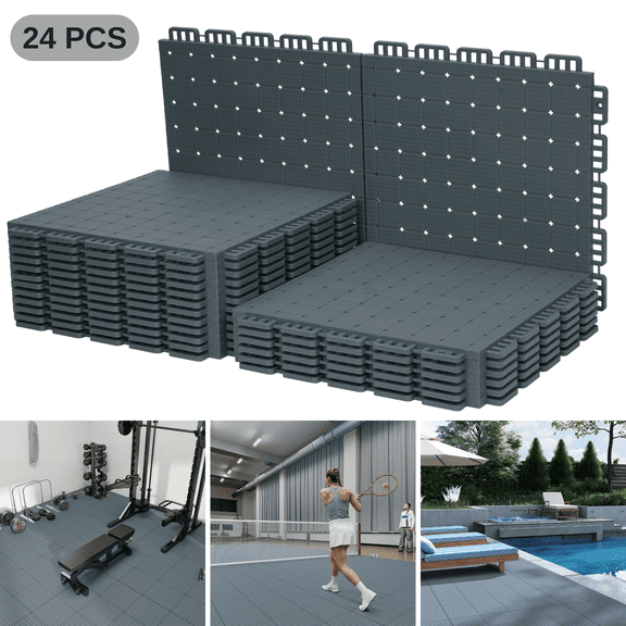 PPOSFPH Modular Interlocking Floor Tiles, Non Slip TPE Indoor Outdoor Sport Court Tiles for Playroom Home Gym Garage Basketball Tennis Court, 12 in x 12 in, 24 PCS, Gray