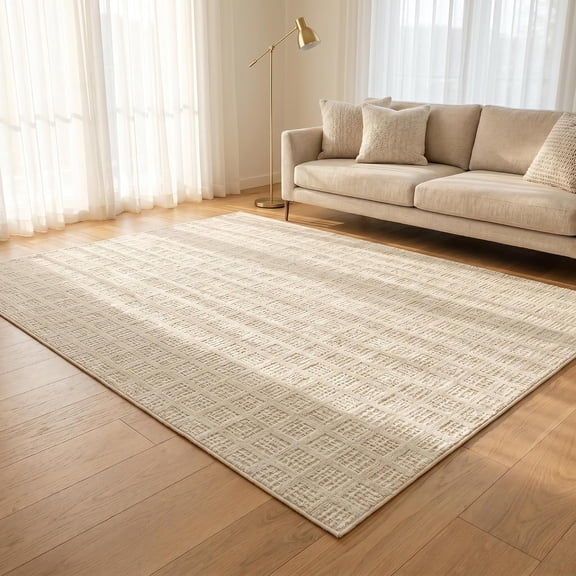 PPOSFPH Soft Cream Waffle Grid Rug 4'7"x6'7" - Non-Slip Waterproof & Stain Resistant for Living Room Bedroom Kitchen Dining Room Table Nursery Home Office