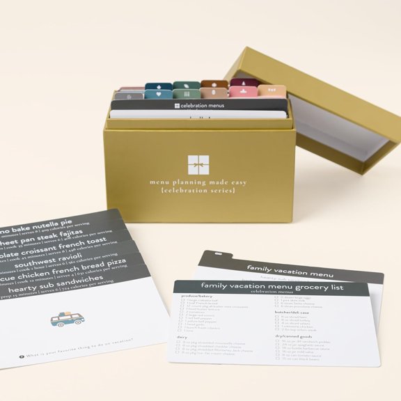 PPP Meal Planner 72 Recipe Cards (Celebration Menu) - Weekly Menu | Sturdy Box 12 Reusable Grocery Shopping Lists 5 Blank Card Protector Ideas