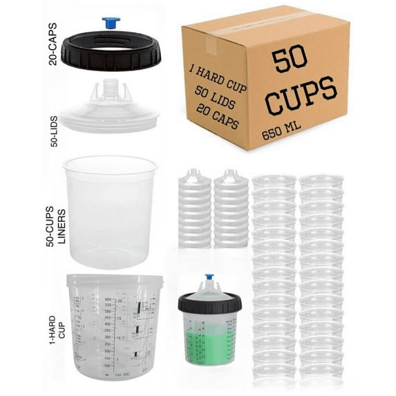 PPS Cups Paint 600ml, 20 ounces Kit 1 Hard Cup, 50 Cups Liners, 50 Lids, 20 Caps