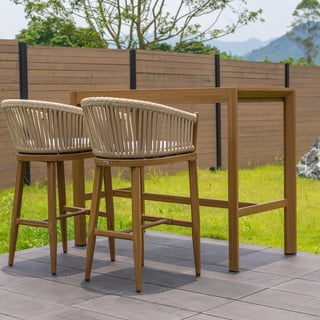 PPURPLE LEAF Outdoor Bar Height Stools Set of 2, Patio Woven Aluminum Barstools Bar Chairs with Back and Cushions for Balcony Garden Indoor Kitchen Outside, Teak