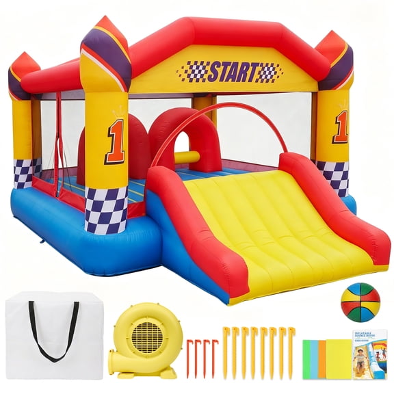 PPXIA Race Car Themed Inflatable Bounce House with Wide Slide, Basketball Hoop & Blower, Kids Jumping Castle for Kids 3-10 Indoor/Outdoor Party Playground