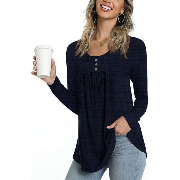 PPYOUNG Blouses for Women Pleated Long Sleeve Tunic Tops Dressy Casual Fall Button Down Shirts