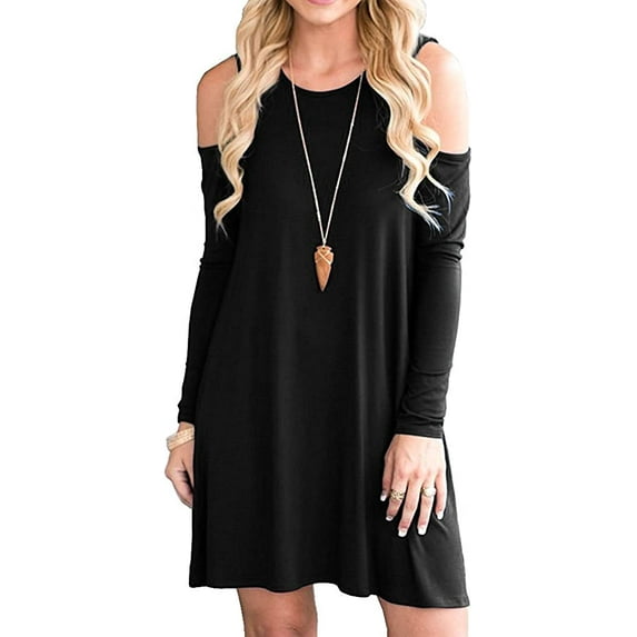 PPYOUNG Woman's Long Sleeve Cold Shoulder Tunic Top Swing T-Shirt Loose Dress with Pockets