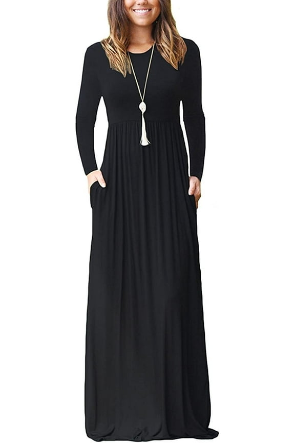 Women Long Sleeve Loose Plain Maxi Pockets Dresses Casual Long Dresses Black M