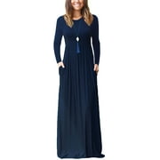 PPYOUNG Women Long Sleeve Loose Plain Maxi Pockets Dresses Casual Long Dresses Navy Blue L