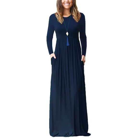 PPYOUNG Women Long Sleeve Loose Plain Maxi Pockets Dresses Casual Long Dresses Navy Blue L