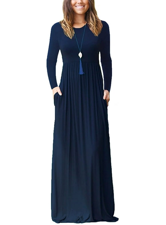 Women Long Sleeve Loose Plain Maxi Pockets Dresses Casual Long Dresses Navy Blue L