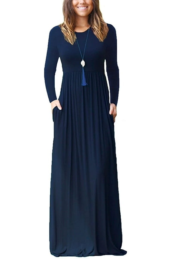 Women Long Sleeve Loose Plain Maxi Pockets Dresses Casual Long Dresses Navy Blue L