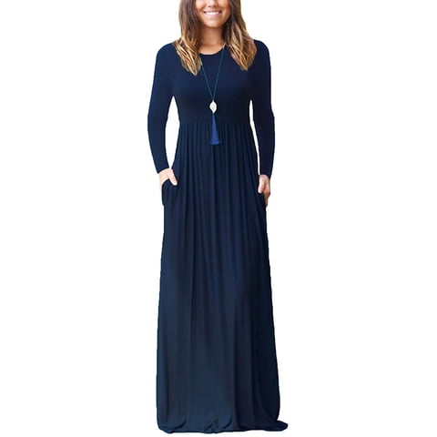 Women Long Sleeve Loose Plain Maxi Pockets Dresses Casual Long Dresses Navy Blue XL