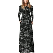 PPYOUNG Women Long Sleeve Loose Plain Maxi Pockets Dresses Casual Long Dresses Wine Red 2XL