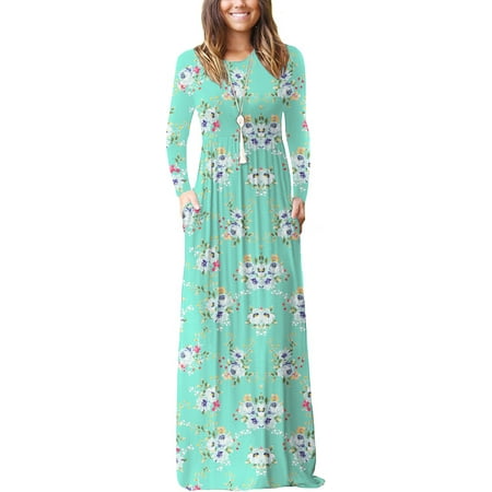 PPYOUNG Women Long Sleeve Loose Plain Maxi Pockets Dresses Casual Long Dresses