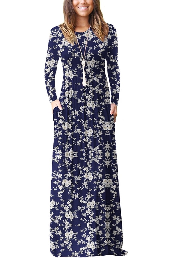 Women Long Sleeve Loose Plain Maxi Pockets Dresses Casual Long Dresses