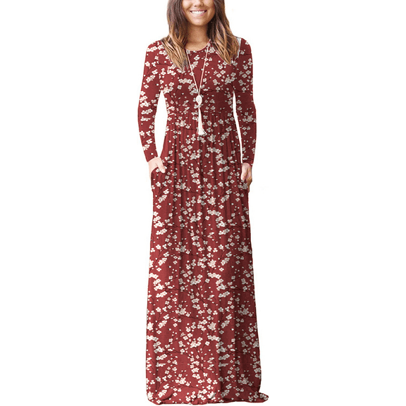 PPYOUNG Women Long Sleeve Loose Plain Maxi Pockets Dresses Casual Long Dresses