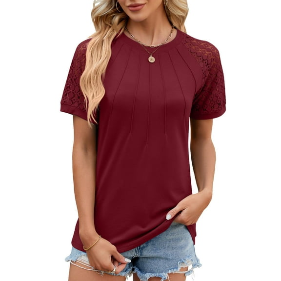 PPYOUNG Women Tops Lace Trim Lightweight Short Sleeve Shirts Summer Casual Blouses Fashion Pleated Tunics