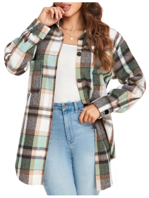 Women's Plaid Shackets Flannel Long Sleeve Button Down Shirts Outwear Coat Jackets, Green