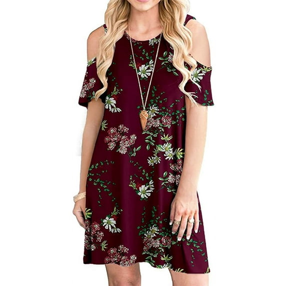 PPYOUNG Women's Short Sleeve Cold Shoulder Tunic Top Swing T-Shirt Casual Round Neck Dress with Pockets