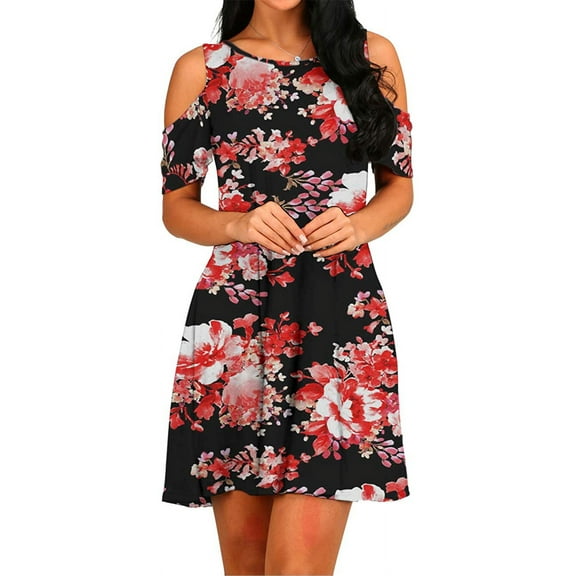 PPYOUNG Women's Short Sleeve Cold Shoulder Tunic Top Swing T-Shirt Casual Round Neck Dress with Pockets
