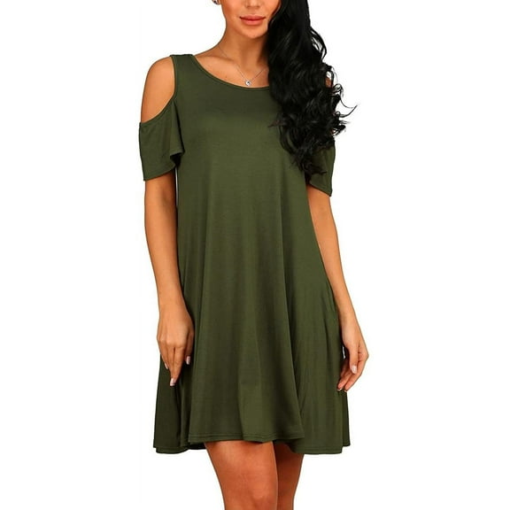 PPYOUNG Women's Short Sleeve Cold Shoulder Tunic Top Swing T-Shirt Casual Round Neck Dress with Pockets