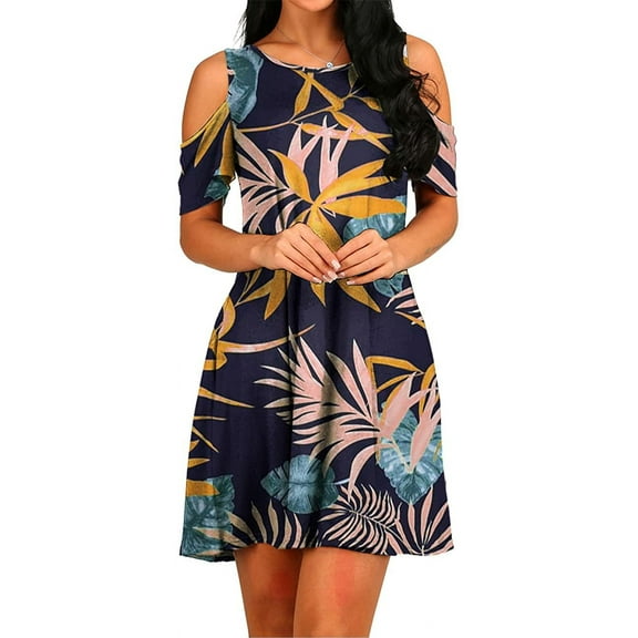 PPYOUNG Women's Short Sleeve Cold Shoulder Tunic Top Swing T-Shirt Casual Round Neck Dress with Pockets