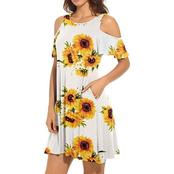 PPYOUNG Women's Short Sleeve Cold Shoulder Tunic Top Swing T-Shirt Casual Round Neck Dress with Pockets