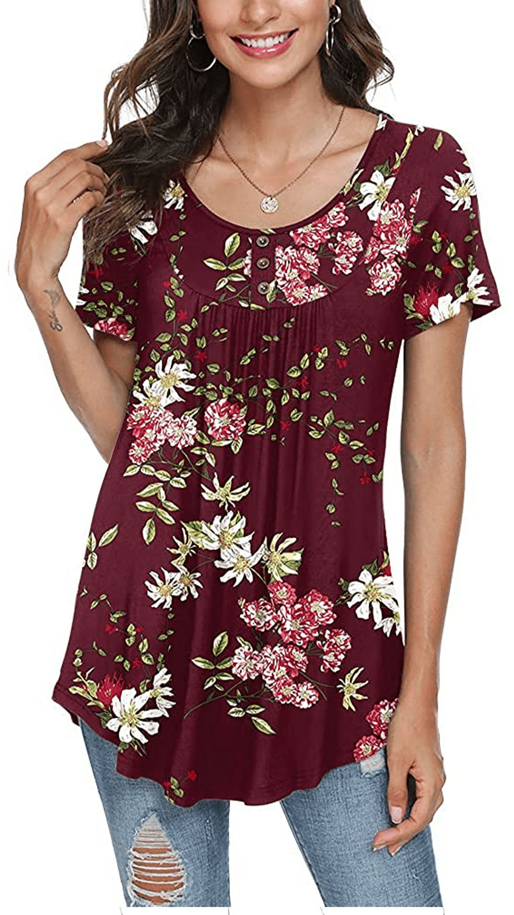 Women's Summer Casual Short Sleeve Tunic Tops Fit Pleated Blouse Shirts