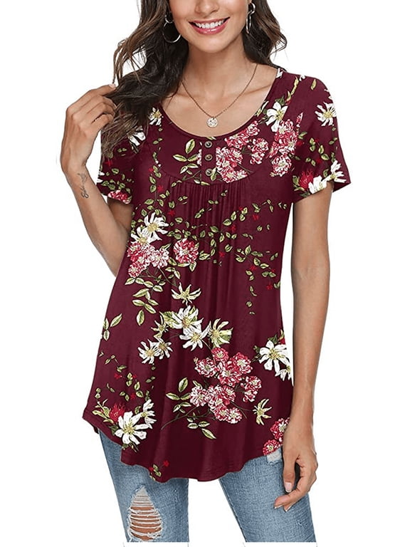Women's Summer Casual Short Sleeve Tunic Tops Fit Pleated Blouse Shirts