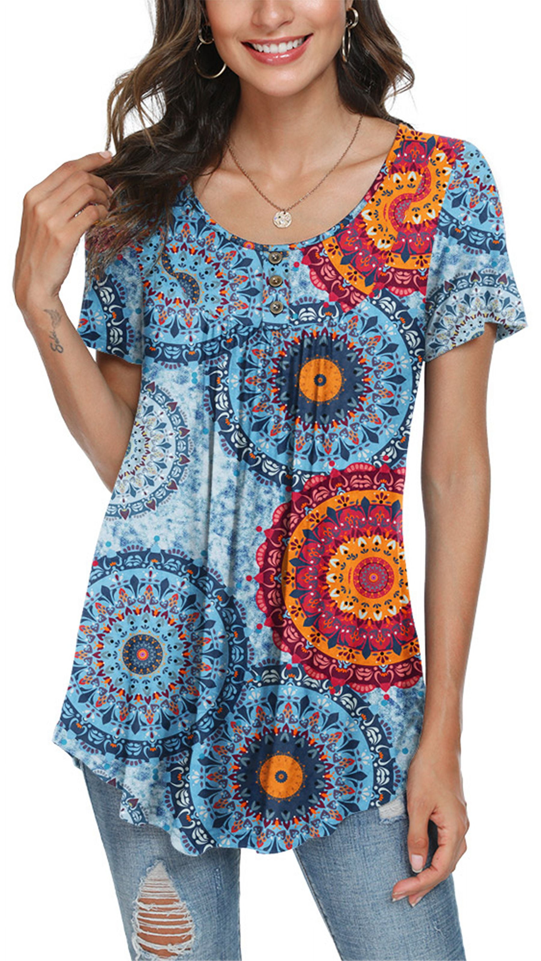 Women's Summer Casual Short Sleeve Tunic Tops Fit Pleated Blouse Shirts