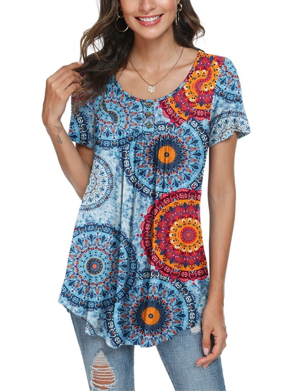 Women's Summer Casual Short Sleeve Tunic Tops Fit Pleated Blouse Shirts