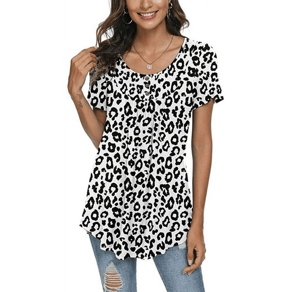 PPYOUNG Women's Summer Casual Short Sleeve Tunic Tops Fit Pleated Blouse Shirts