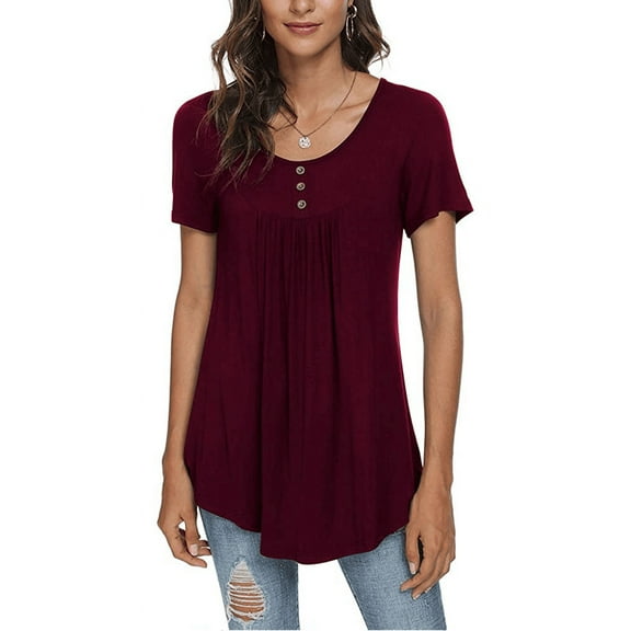 PPYOUNG Women's Summer Casual Short Sleeve Tunic Tops Fit Pleated Blouse Shirts