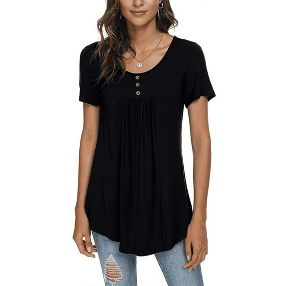 PPYOUNG Women's Summer Casual Short Sleeve Tunic Tops Fit Pleated Blouse Shirts