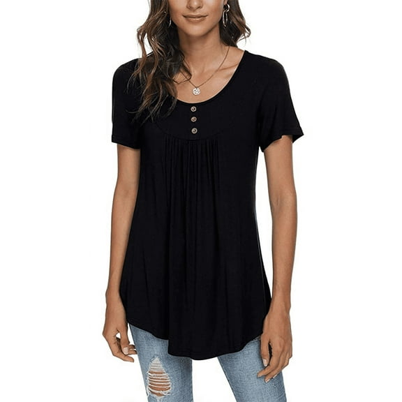 PPYOUNG Women's Summer Casual Short Sleeve Tunic Tops Fit Pleated Blouse Shirts