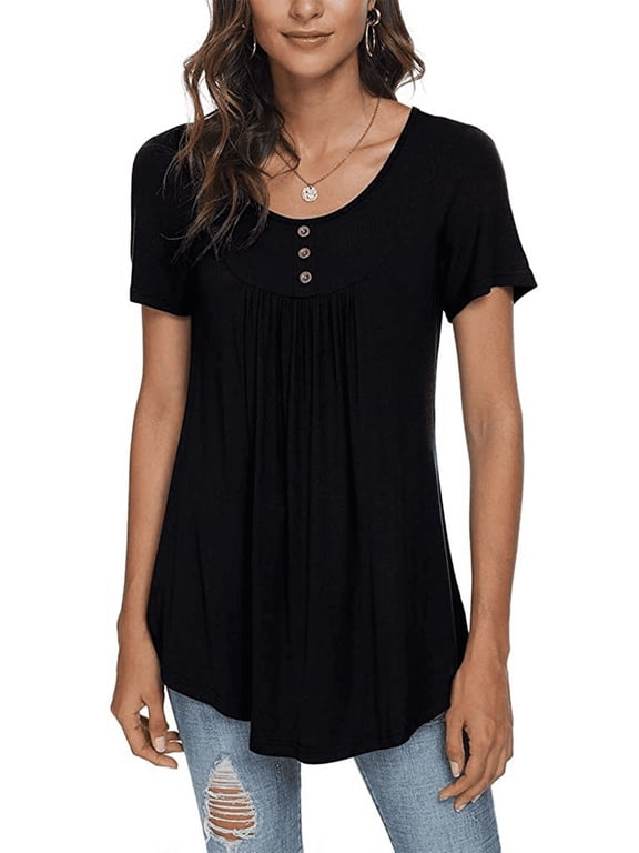 Women's Summer Casual Short Sleeve Tunic Tops Fit Pleated Blouse Shirts
