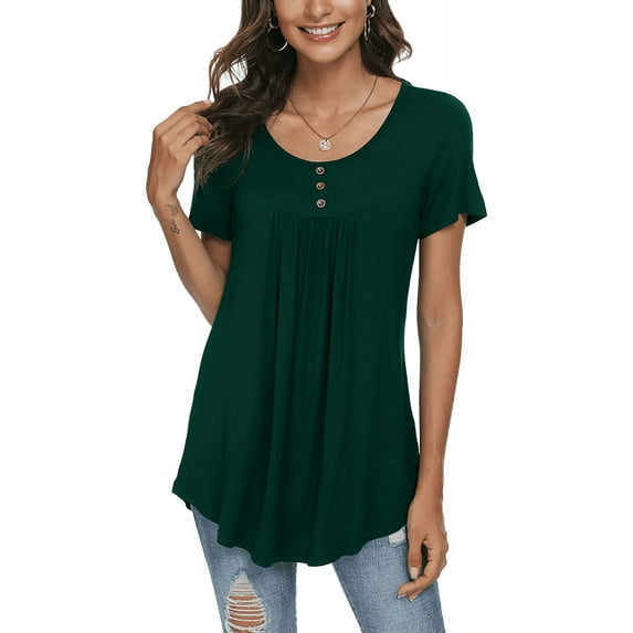 PPYOUNG Women's Summer Casual Short Sleeve Tunic Tops Fit Pleated Blouse Shirts